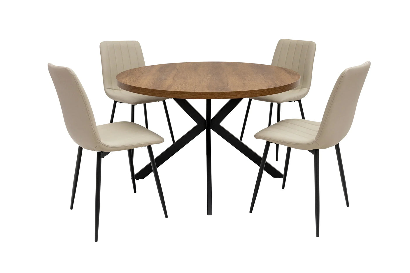 Round wood dining table with four beige faux leather chairs and black metal legs