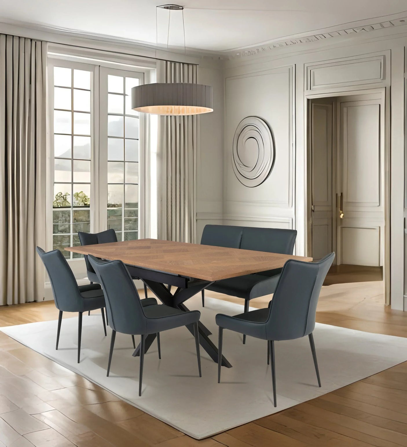 Contemporary dining table with wooden top and six grey upholstered chairs in elegant dining room