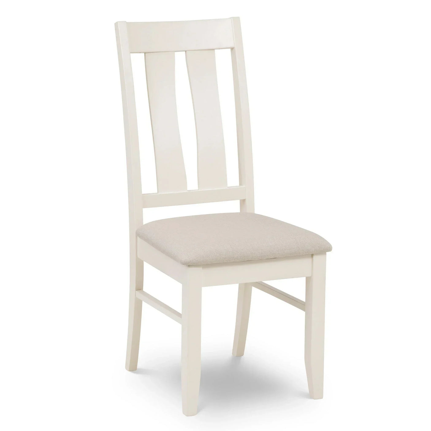 Pembroke dining chair with cream wood frame and beige fabric seat, angled view