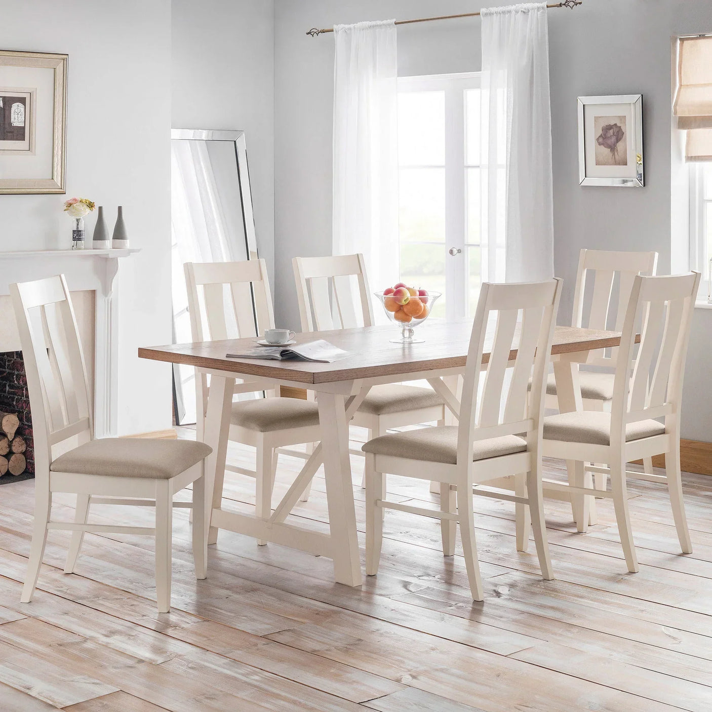 Six seat cream dining room set with wooden table in bright modern interior