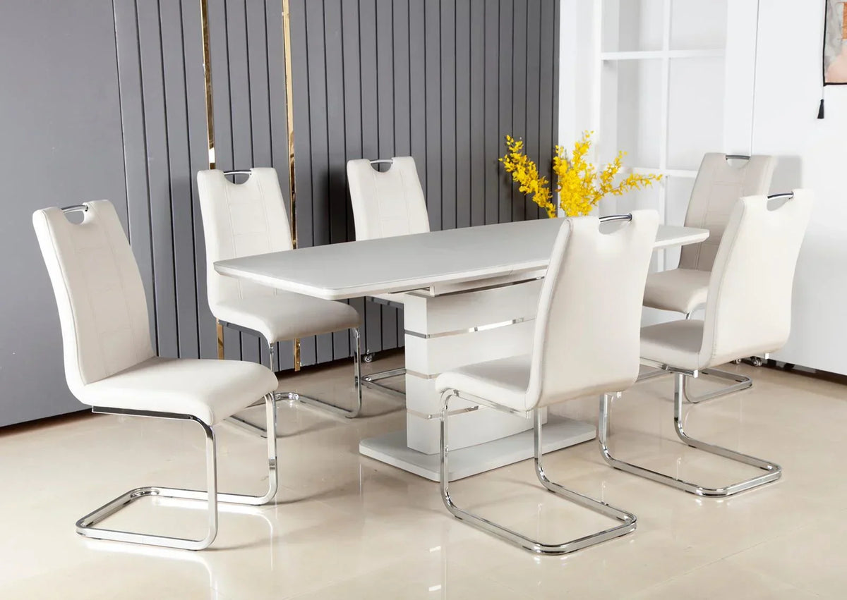 Modern white dining table set with six leather chairs and chrome legs in contemporary room