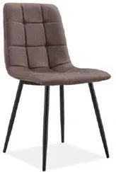 Brown dining chair with padded seat, square stitching, and black metal legs, side view