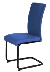 Blue fabric dining chair with curved black metal legs, side view