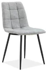 Light grey upholstered dining chair with black metal legs and square stitched backrest