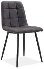 Dark grey dining chair with black metal legs and quilted upholstery, side angle view