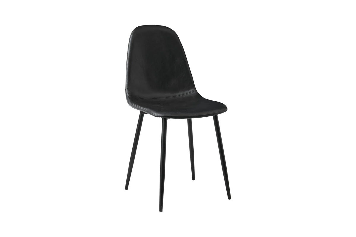 Black dining chair with curved seat and slim metal legs on white background