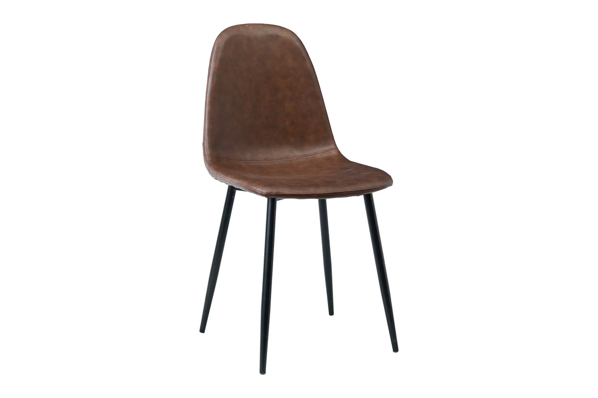 Brown dining chair with curved seat and black metal legs on white background