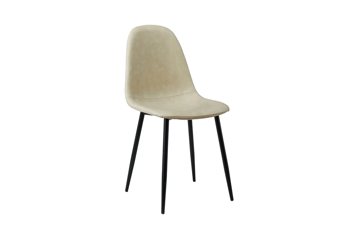 Taupe dining chair with curved seat and black metal legs on white background
