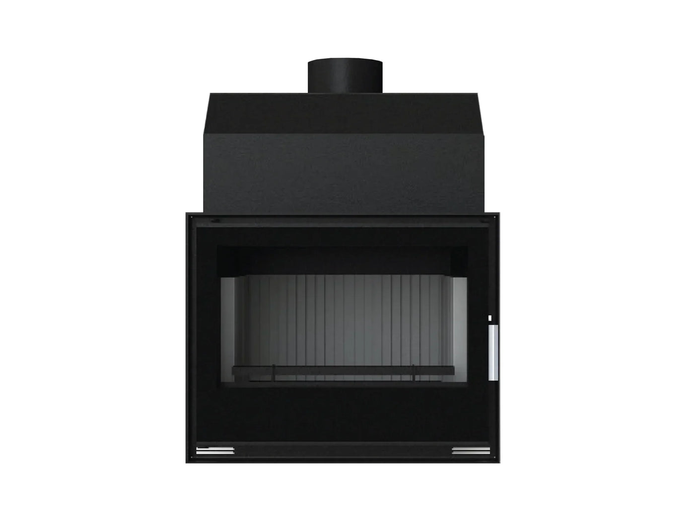 Black freestanding wood burning stove with glass front and metal chimney
