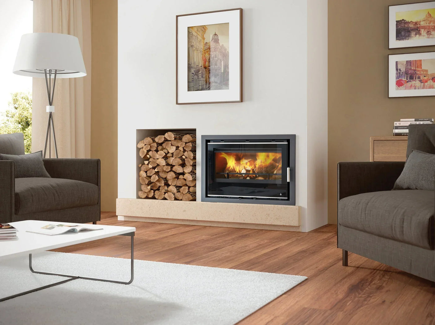 Modern living room with wood burning stove, stacked logs, brown sofas and wood flooring