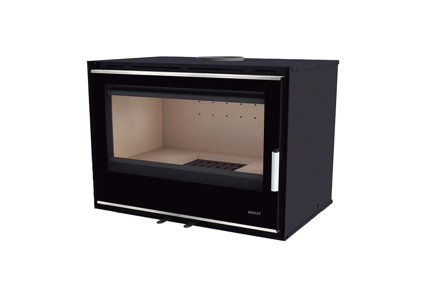 black wood burning stove insert with large glass front and metal handle