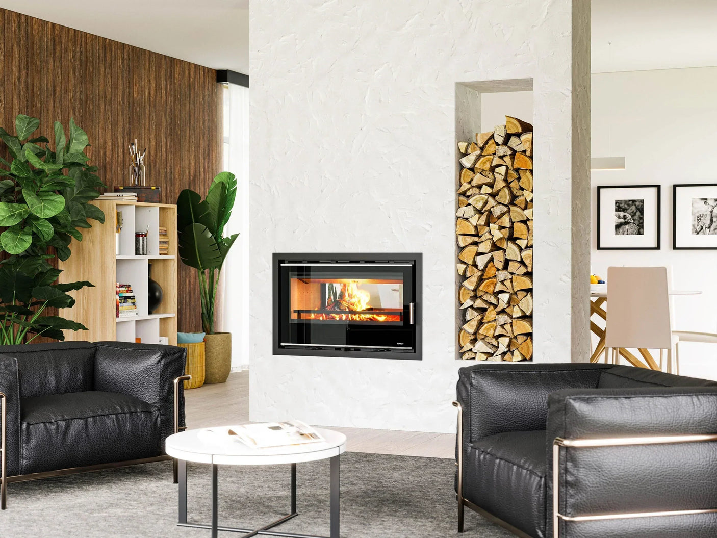 Black leather armchairs and modern log burner fireplace in contemporary living room