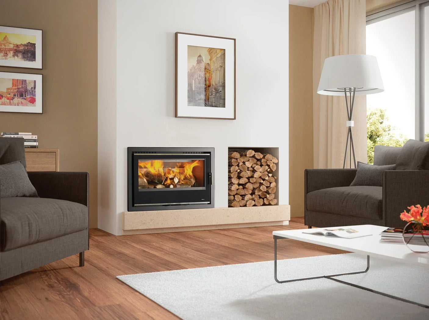 Modern living room with brown fabric sofas, wood burning stove, and log storage feature
