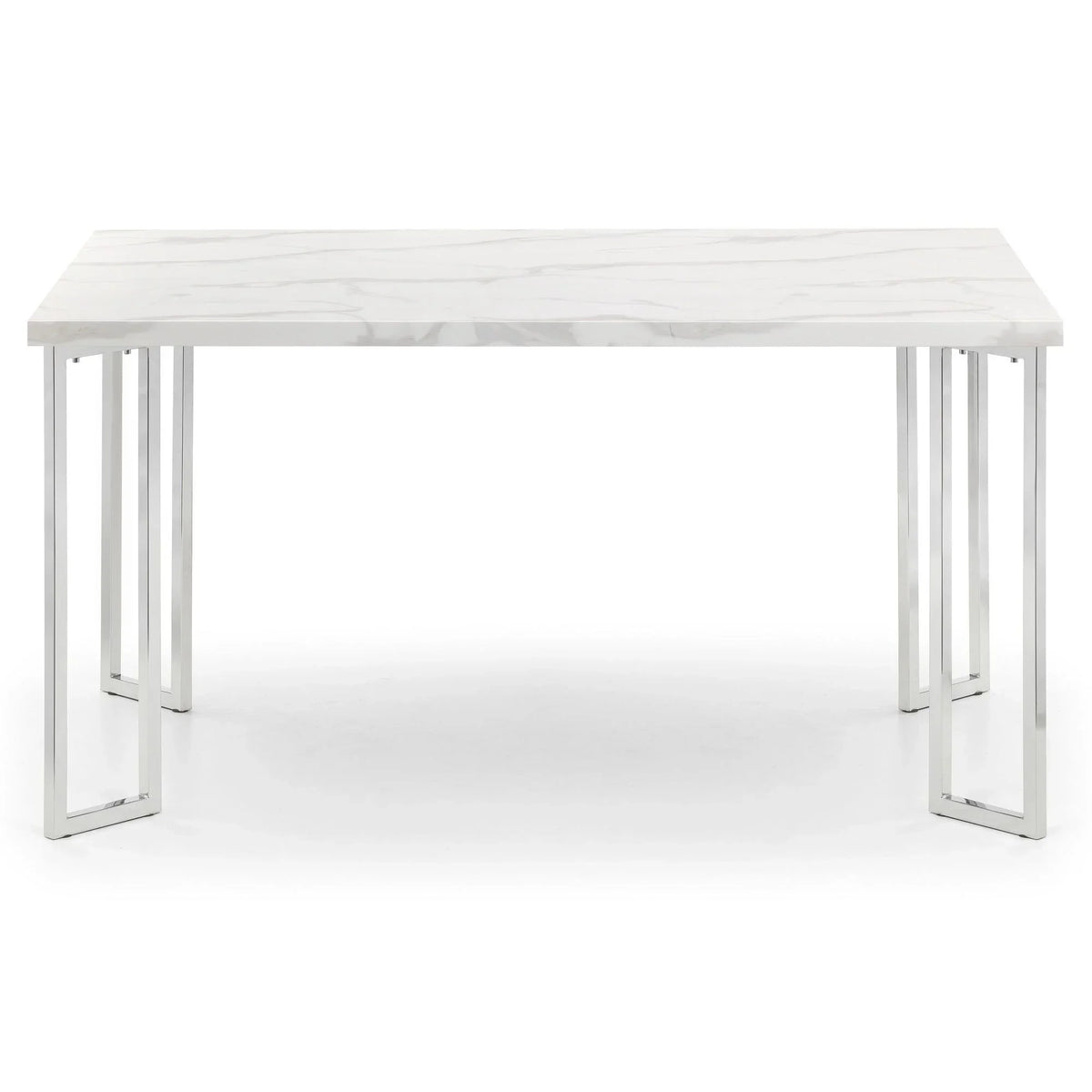 Rectangular marble dining table with chrome metal legs, modern design, front view