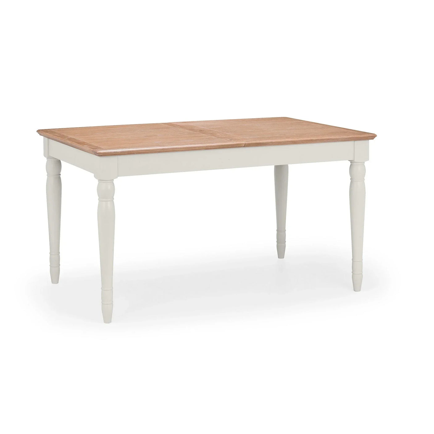 Provence dining table with light oak top and painted white legs, shown from front angle