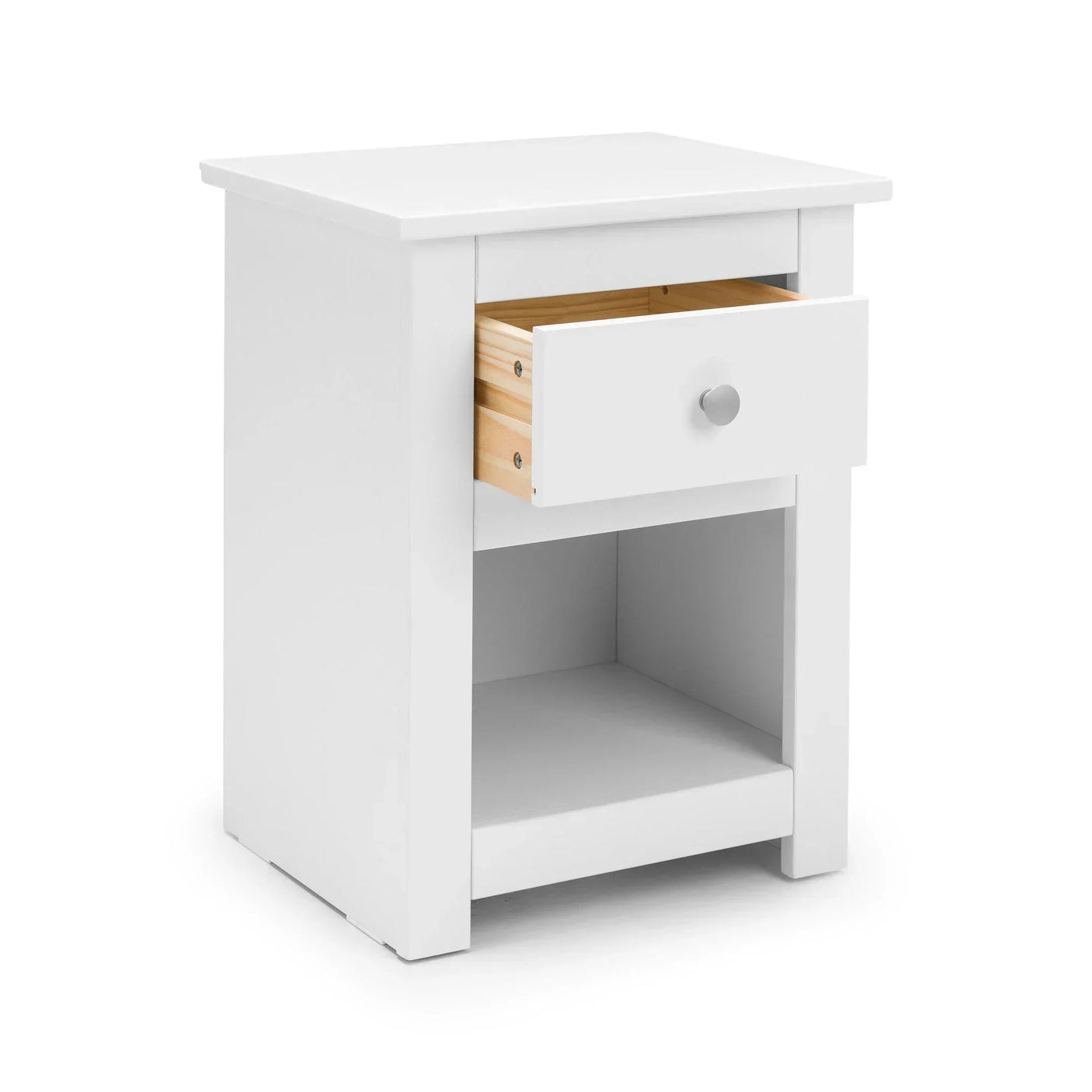 White bedside table with single open drawer and lower shelf, angled view