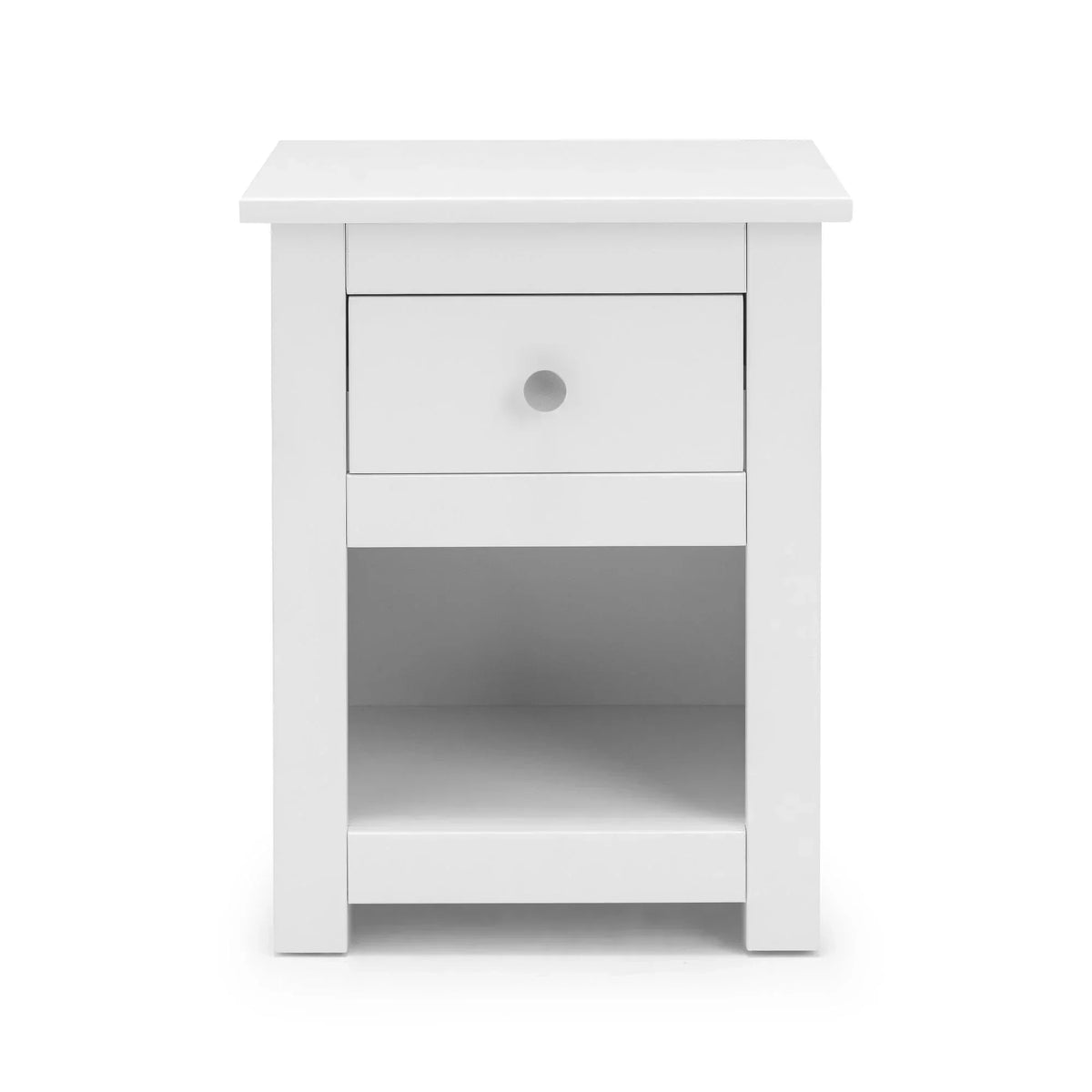 White bedside table with single drawer and open lower shelf, front view