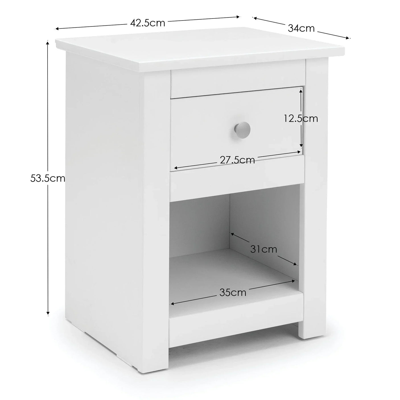 White bedside table with drawer and lower shelf, dimensions labeled in centimeters