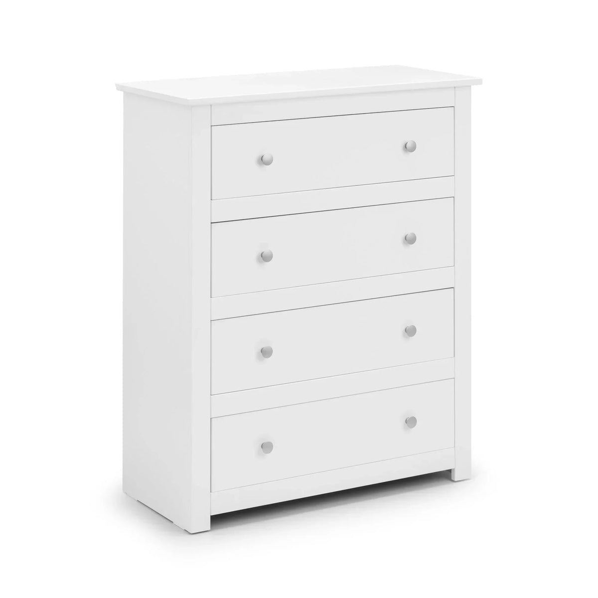 White chest of drawers with four spacious drawers and round handles, front angle view