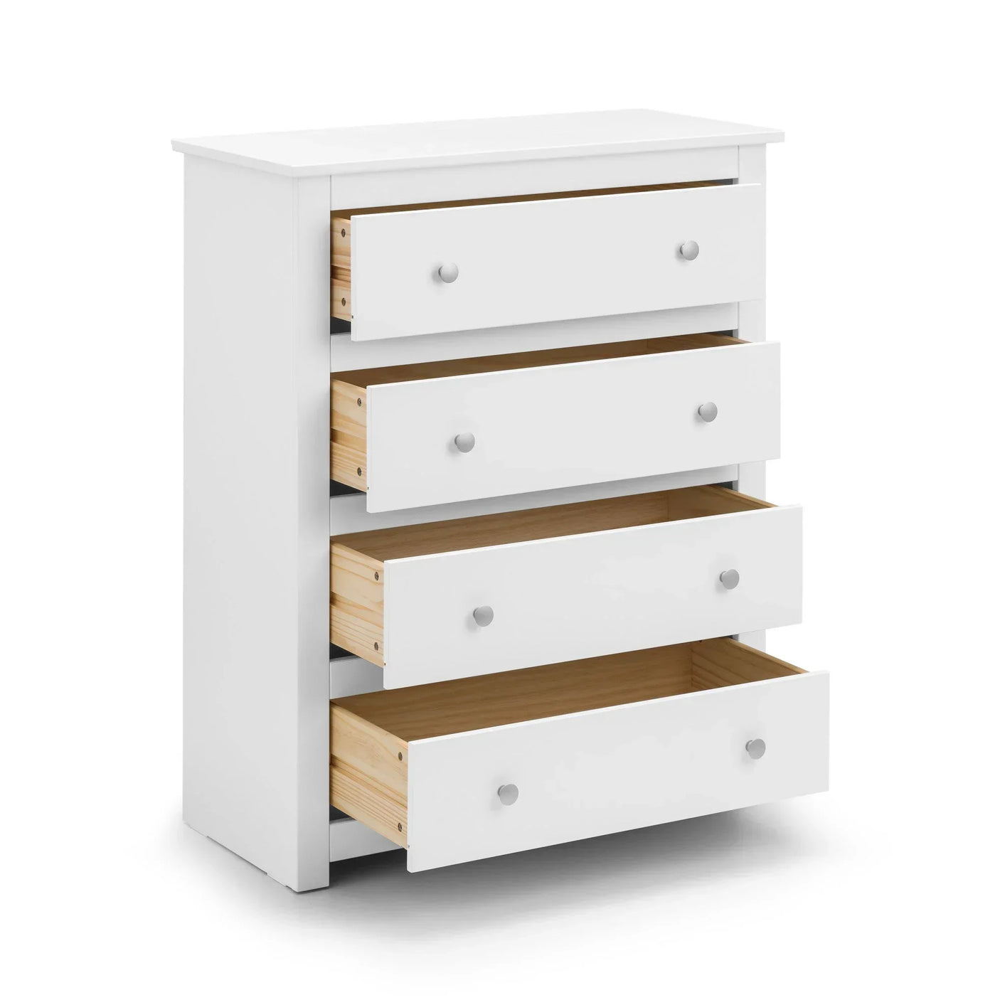 White chest of drawers with four open drawers, wooden interiors, front angle view