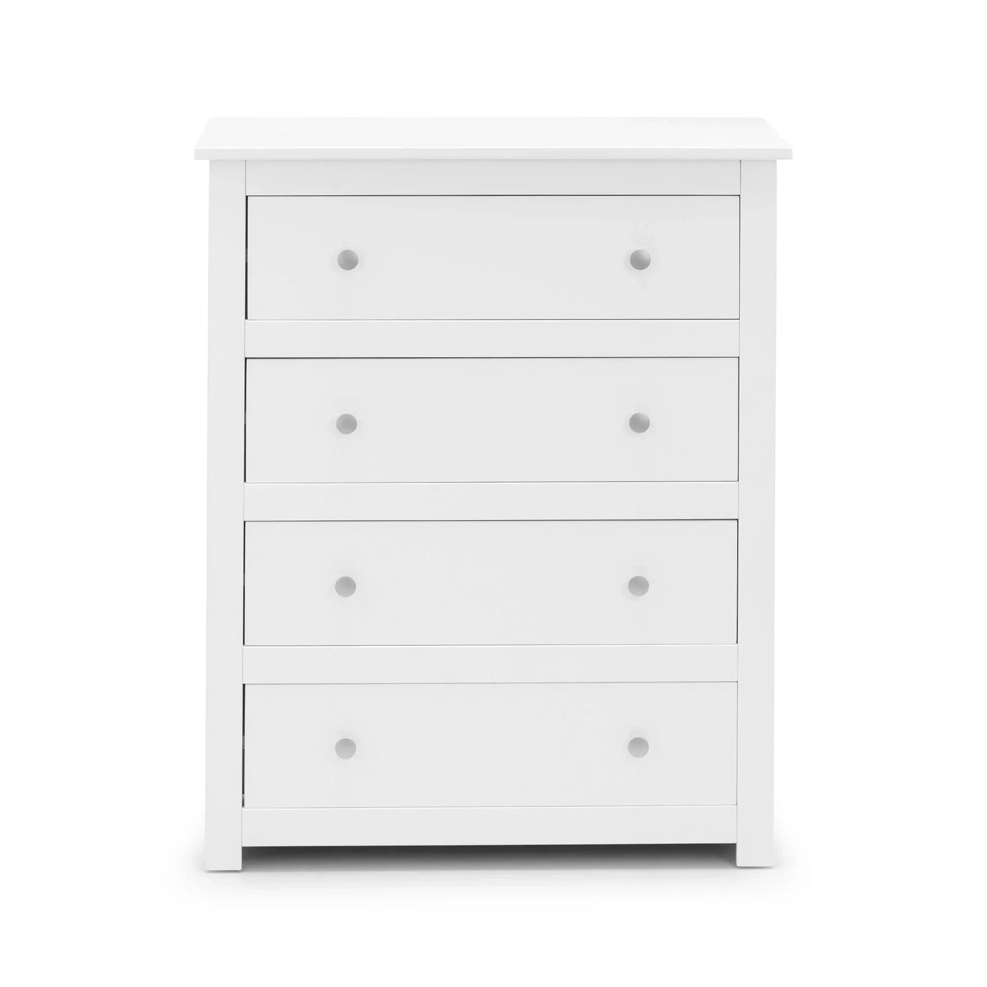 White wooden chest of drawers with four drawers and round metal handles, front view
