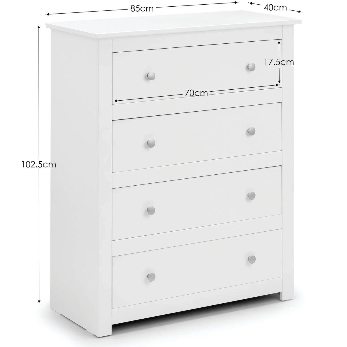White chest of drawers with four drawers and dimensions marked on each side