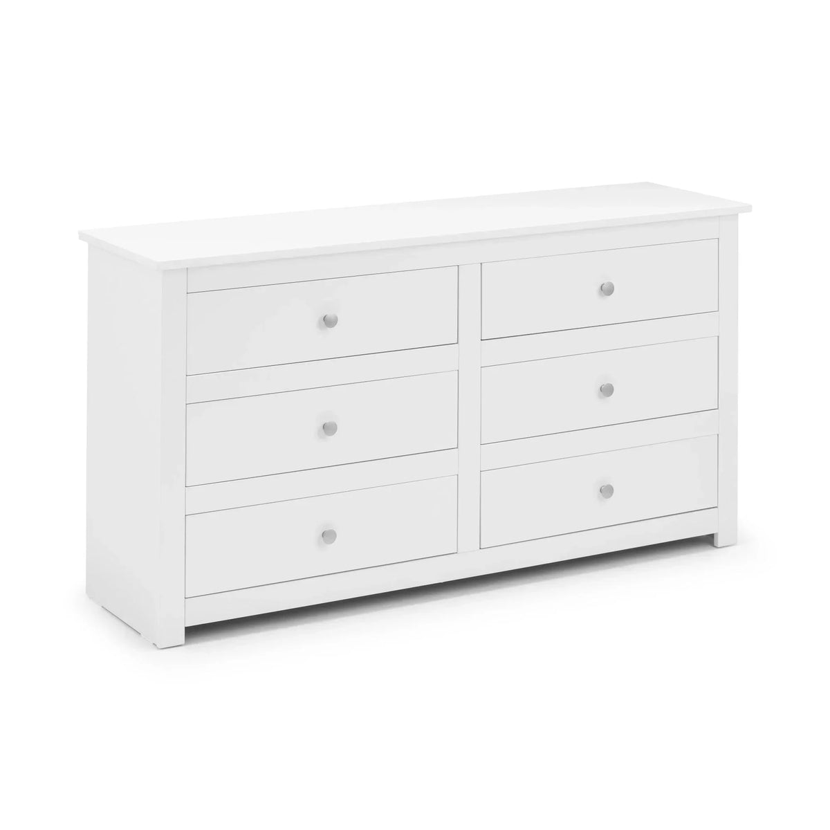 White six drawer chest with modern handles and smooth finish, angled front view