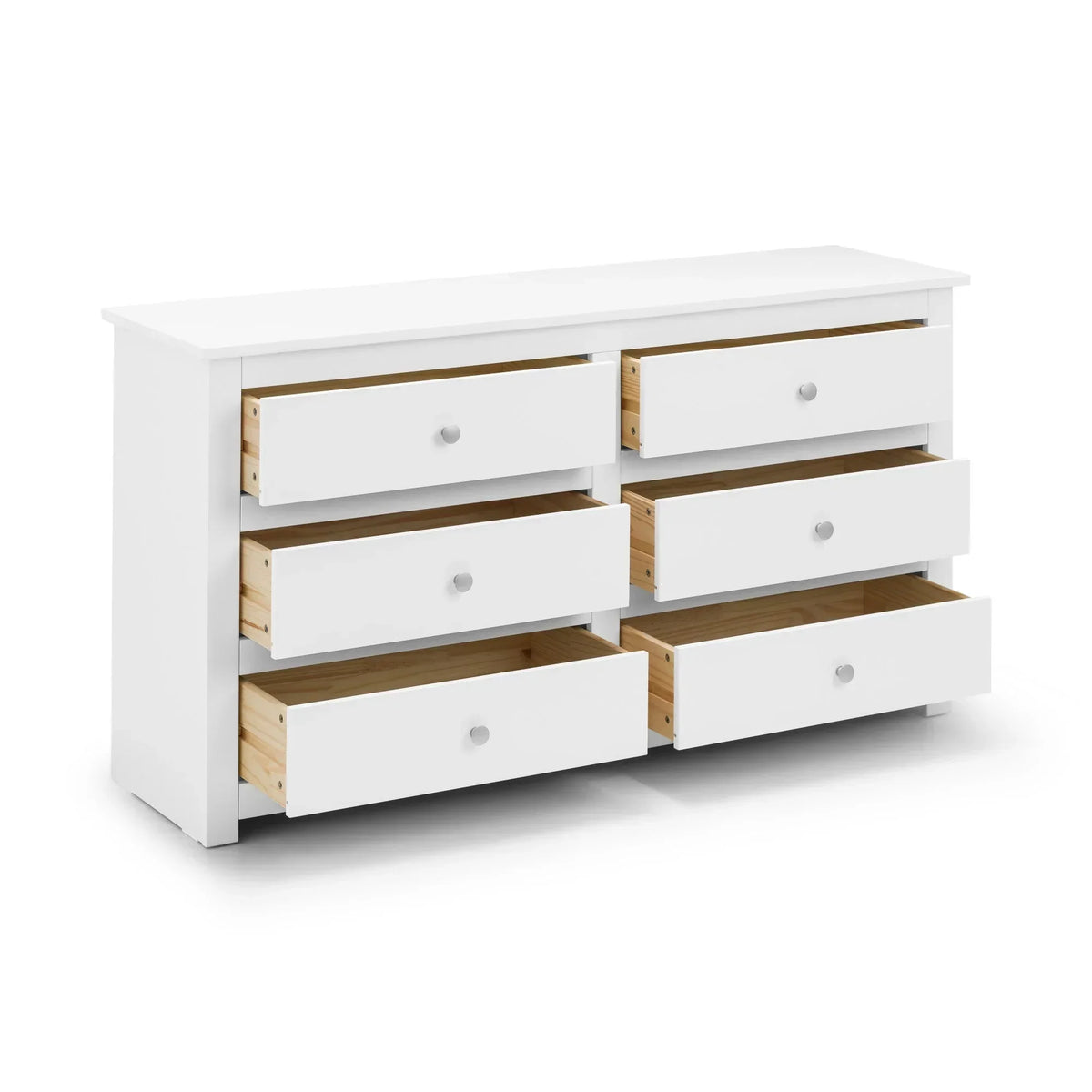 White six drawer chest of drawers with open drawers, front angle view