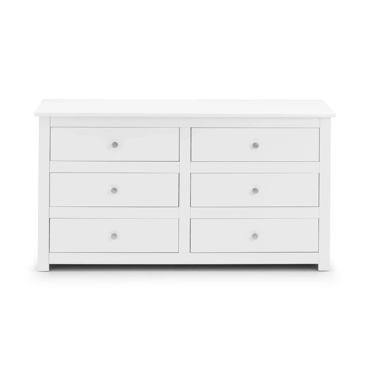 White wooden chest of drawers with six compartments and round handles, front view