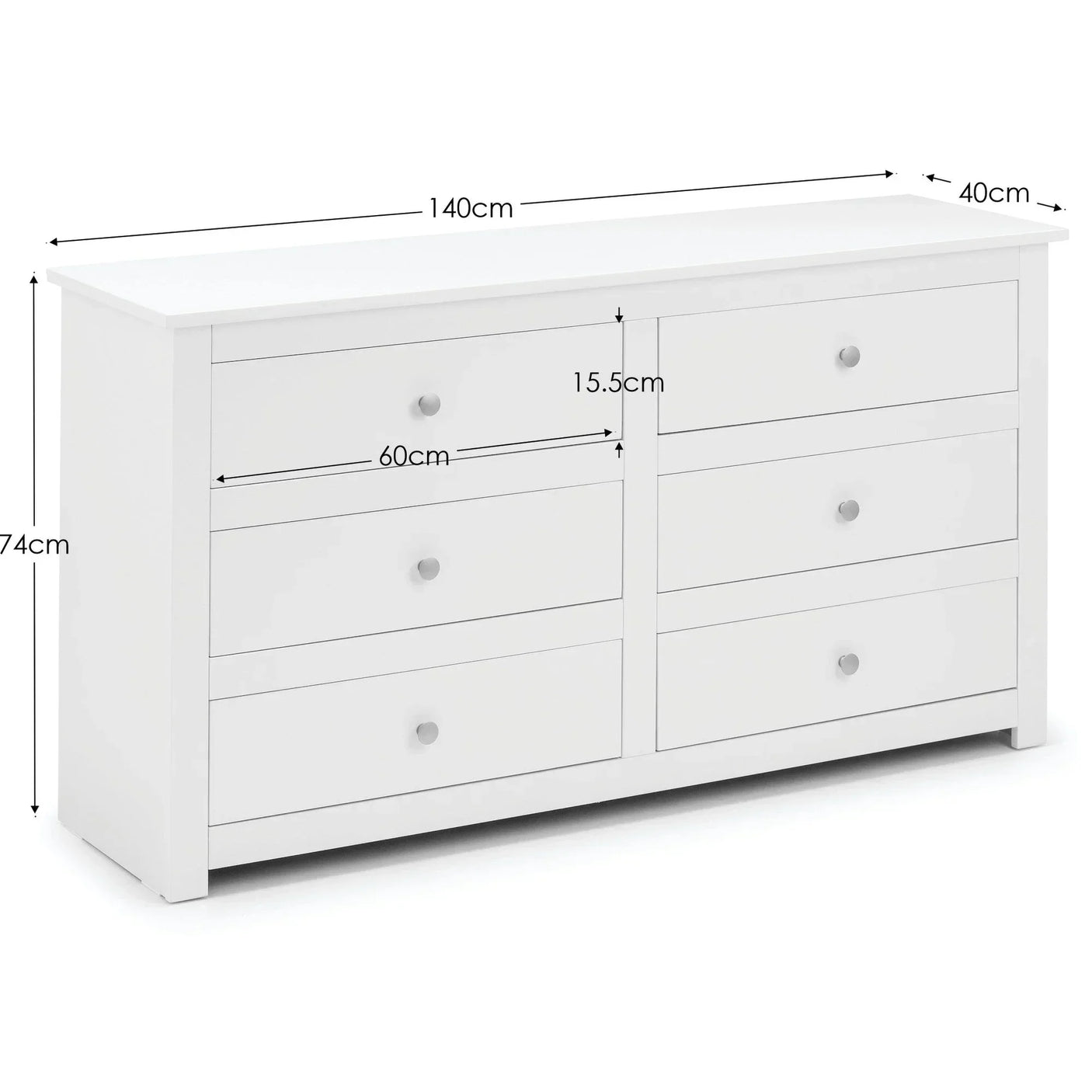 White chest of drawers with six drawers, shown with labelled measurements for height and width