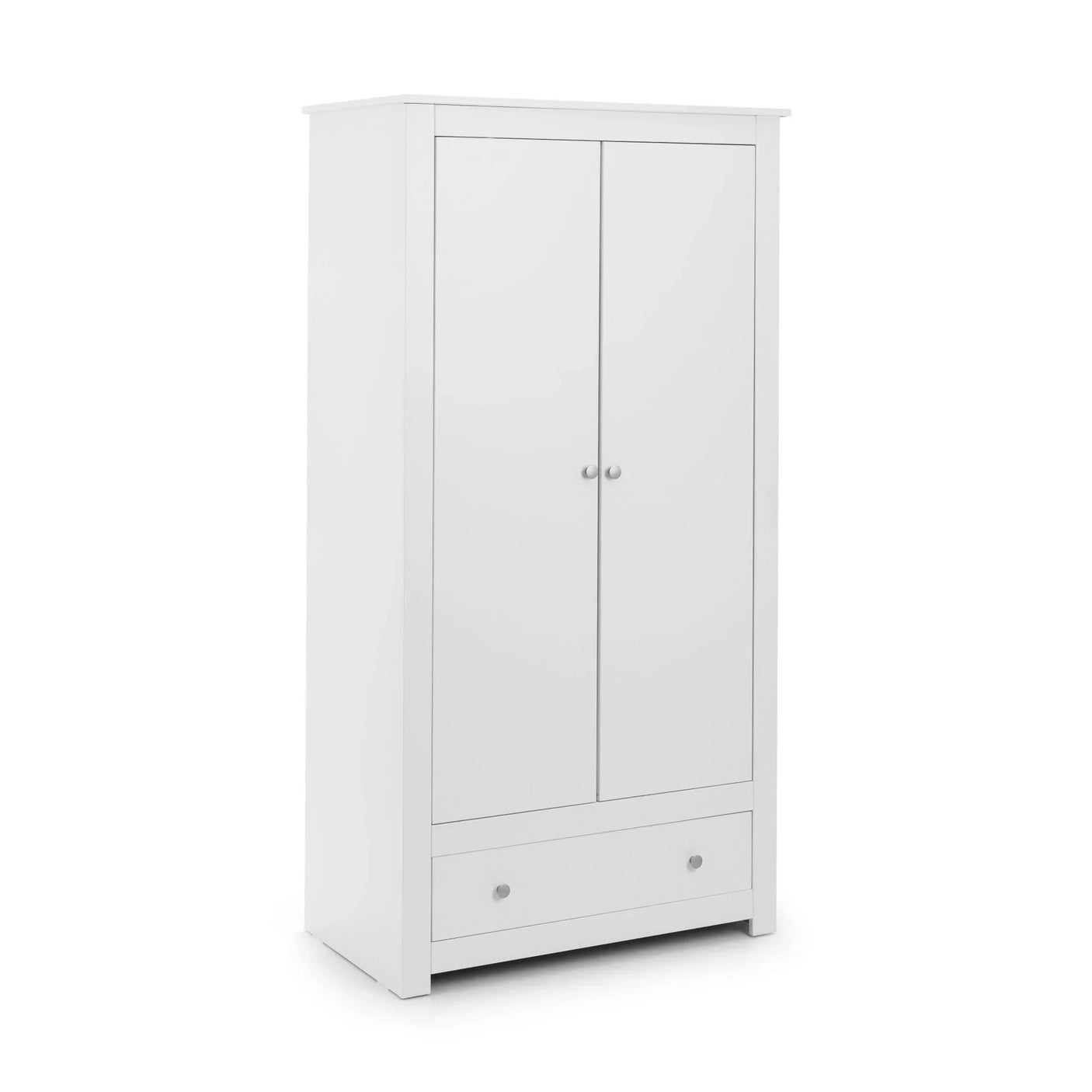 White wardrobe with double doors and bottom drawer, modern bedroom storage furniture