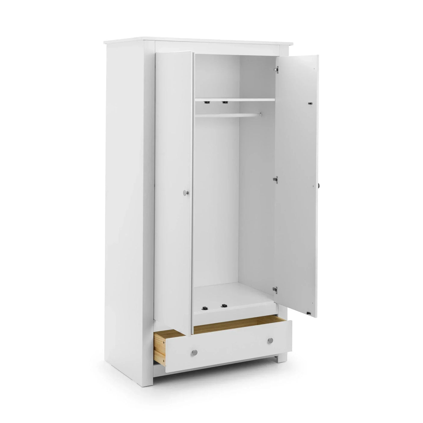 White wardrobe with open doors, hanging rail, and bottom drawer for bedroom storage