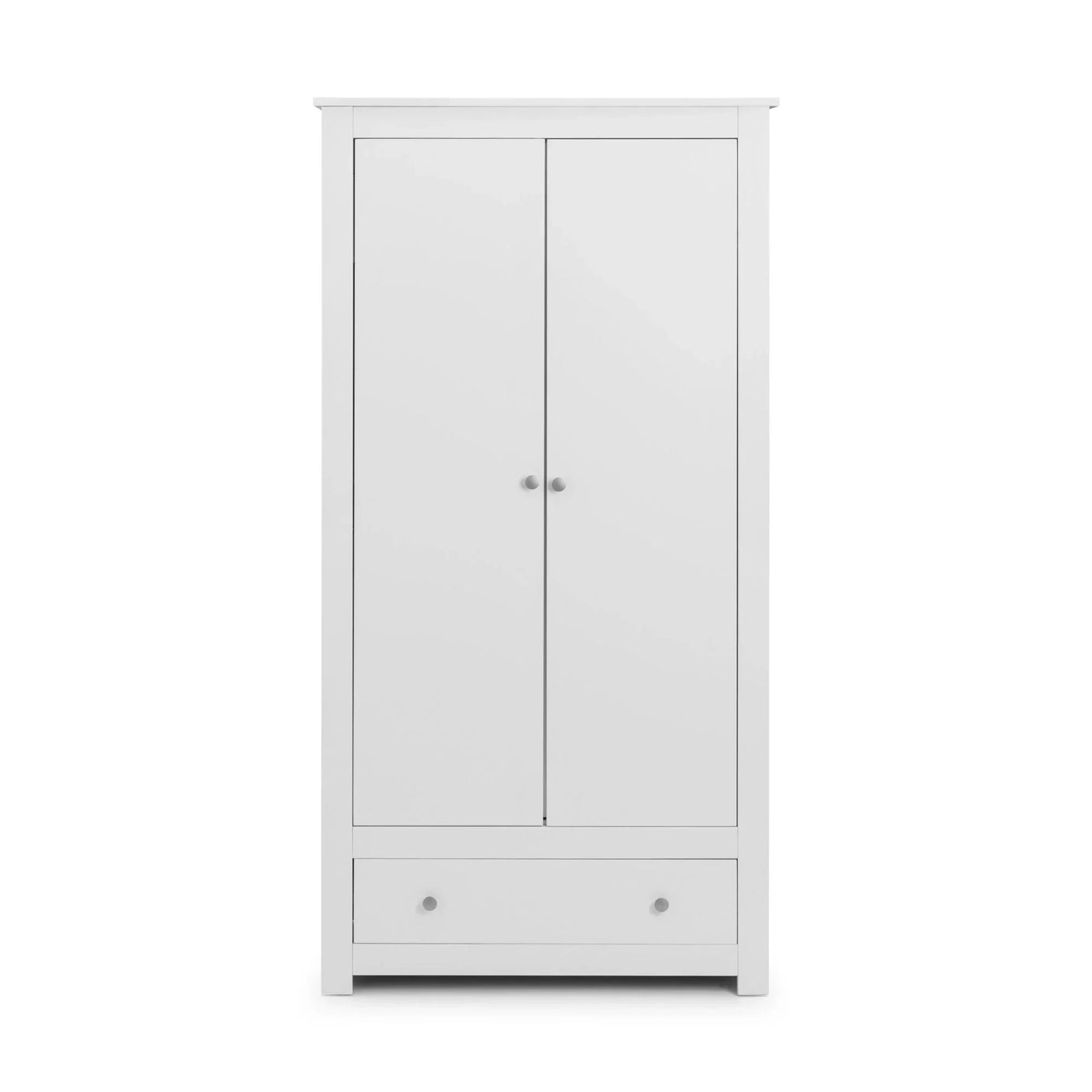 White wooden wardrobe with double doors and lower storage drawer, front view