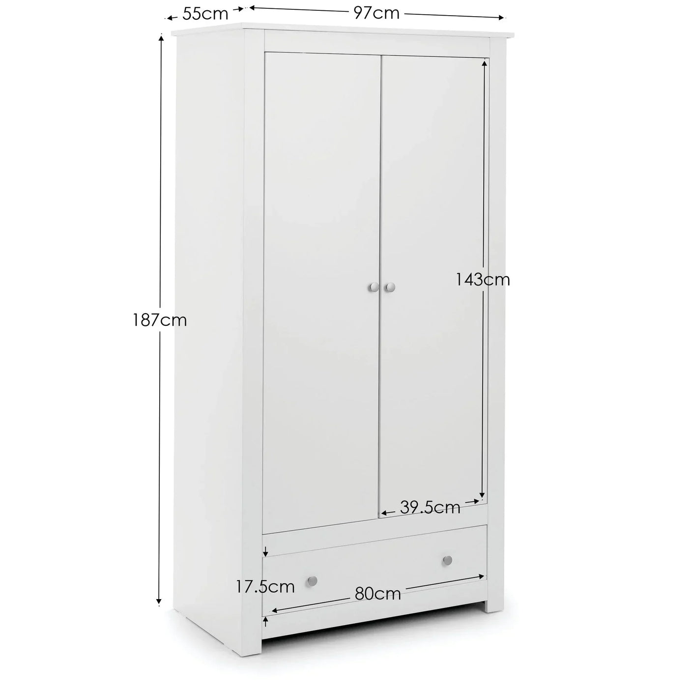 White wardrobe with two doors, lower drawer and visible measurements in centimeters