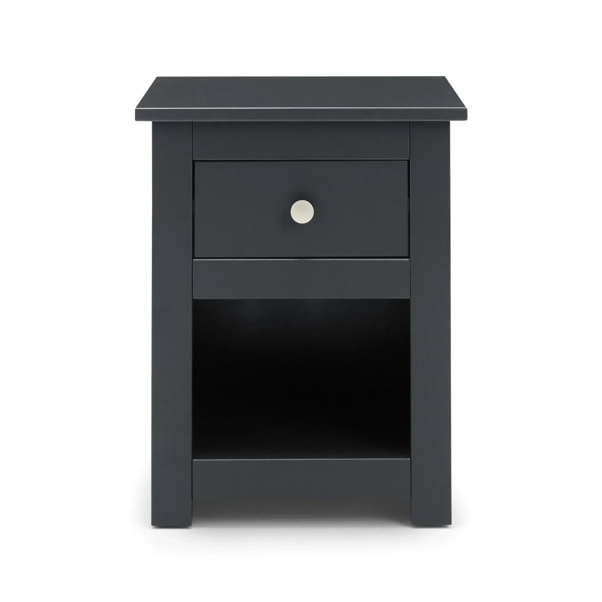 Black wooden bedside table with single drawer and open shelf, front view