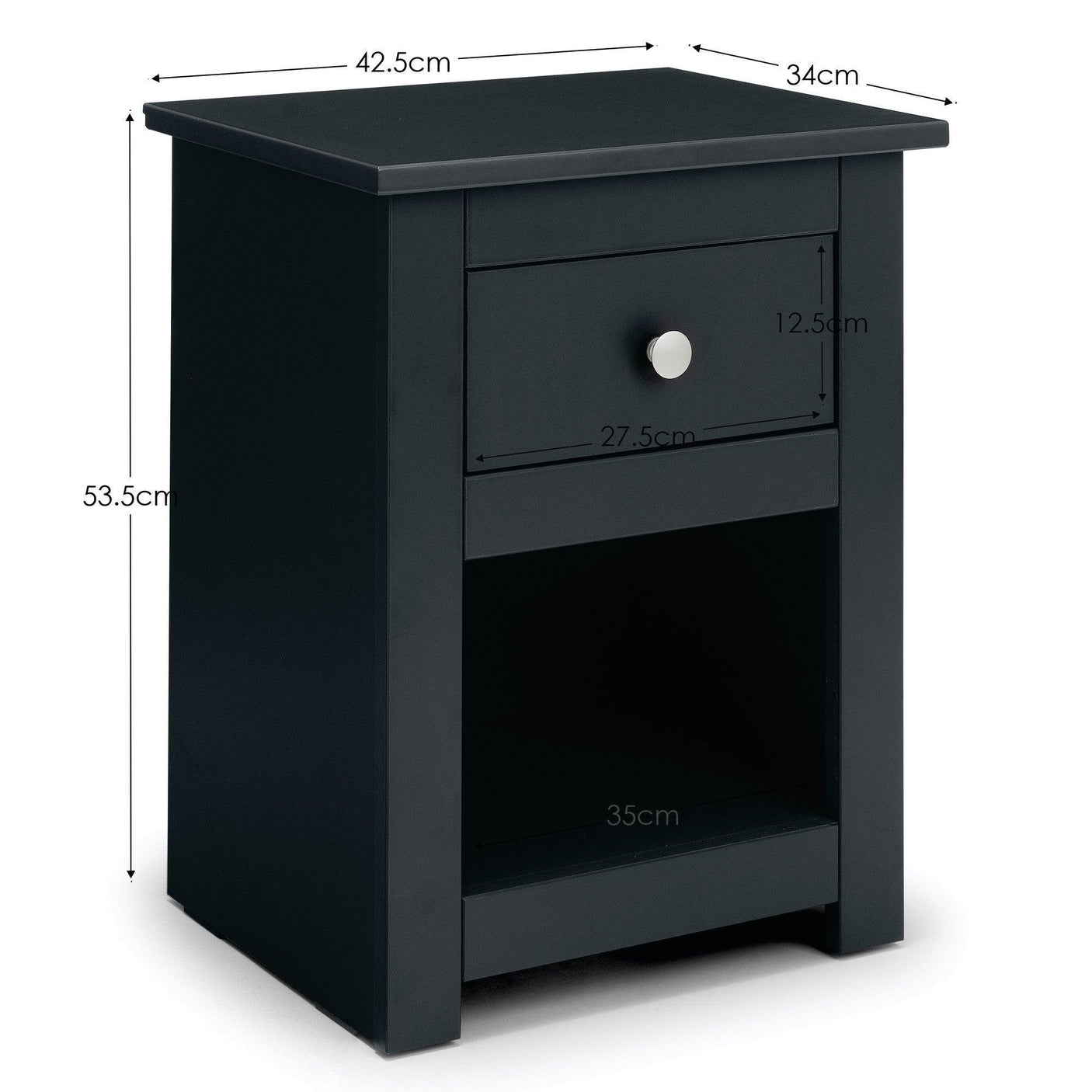 Black bedside table with drawer, open shelf and visible measurements in centimeters