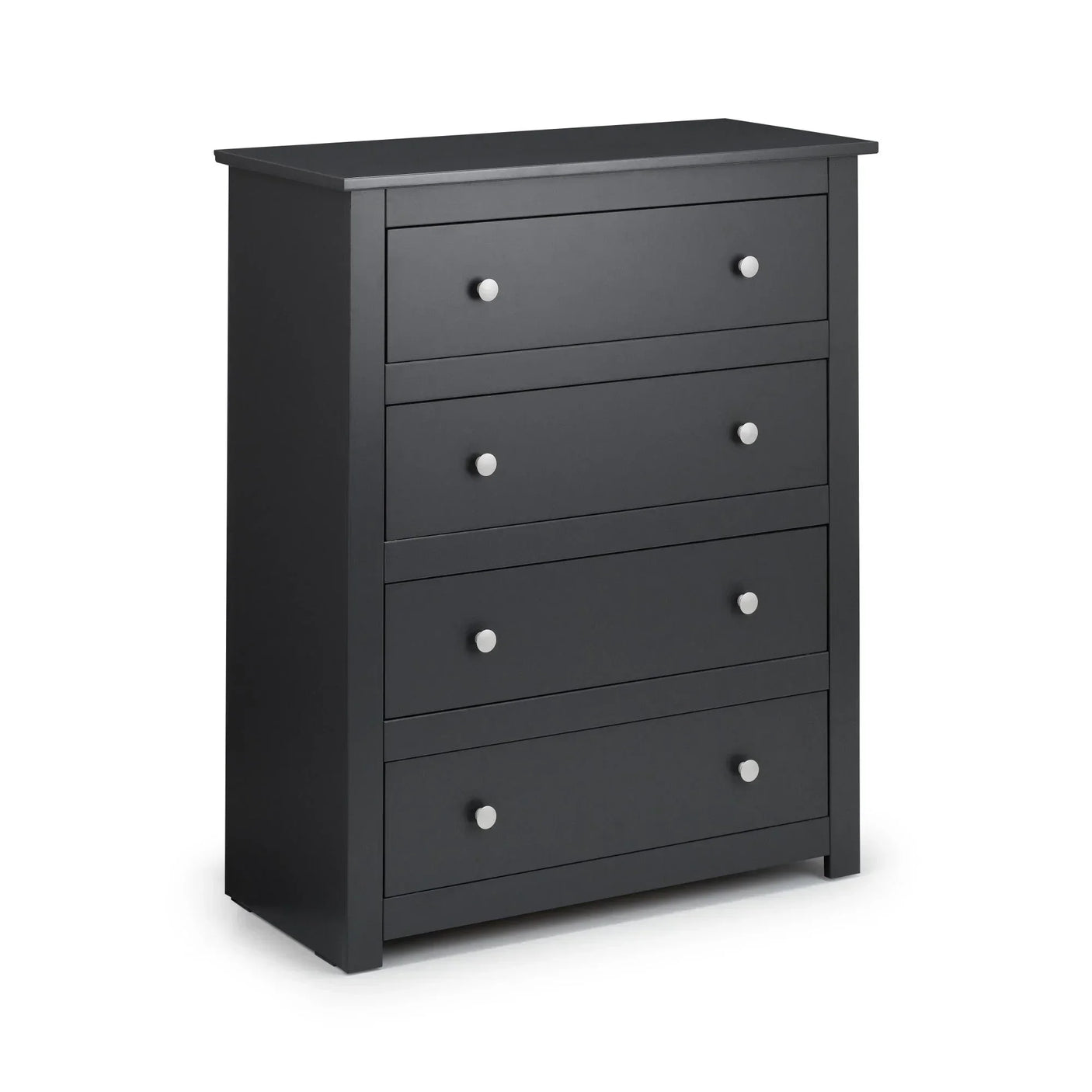 Black chest of drawers with four spacious drawers and round metal handles