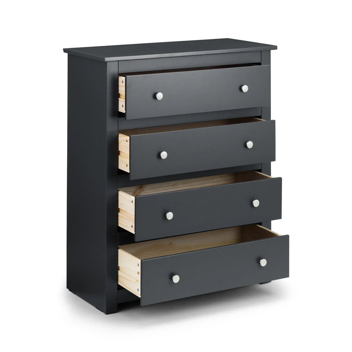 Black chest of drawers with four open drawers and round silver handles