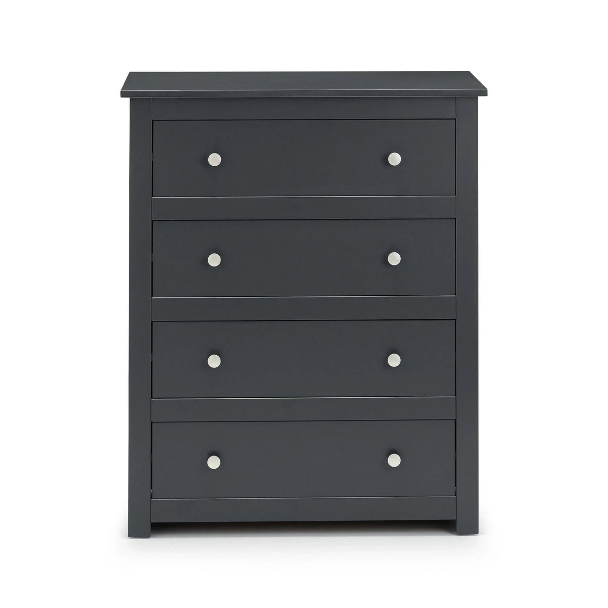 Charcoal grey chest of drawers with four compartments and round silver handles, front view