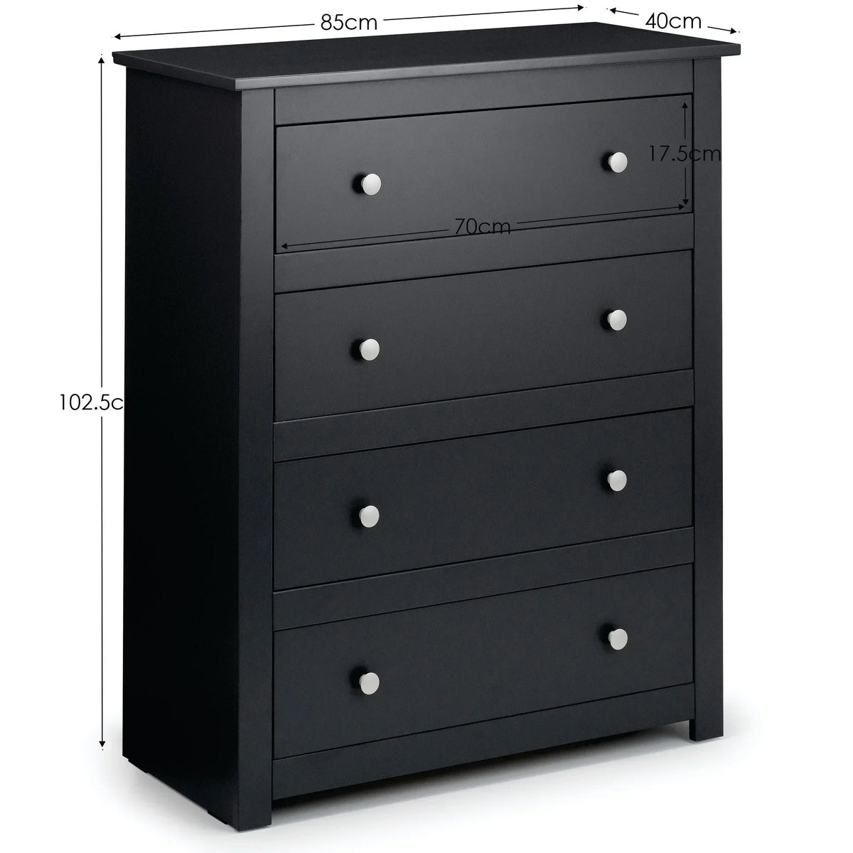 Black chest of drawers with four drawers, silver handles, and visible measurements