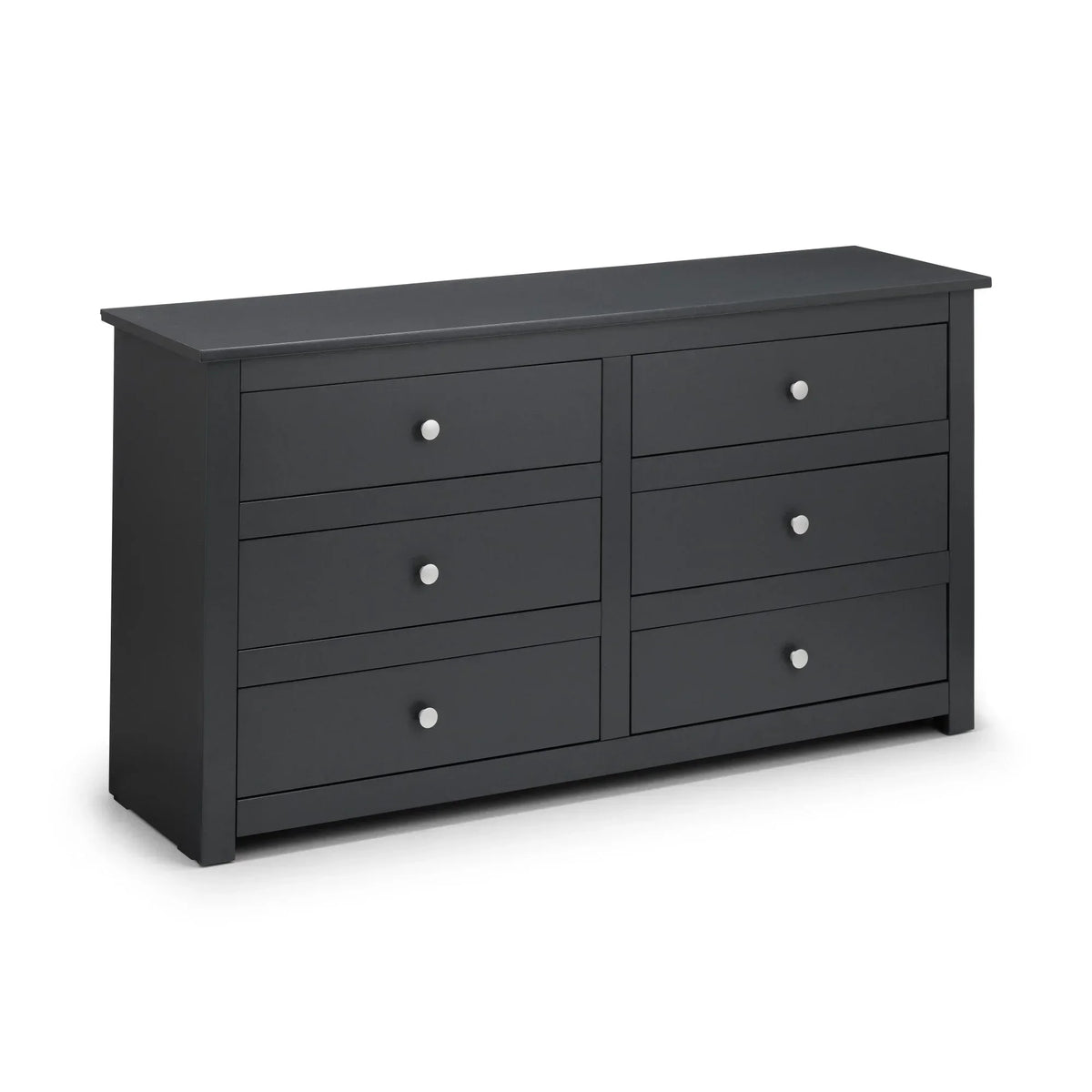 Black six drawer dresser with silver knobs viewed from front angle