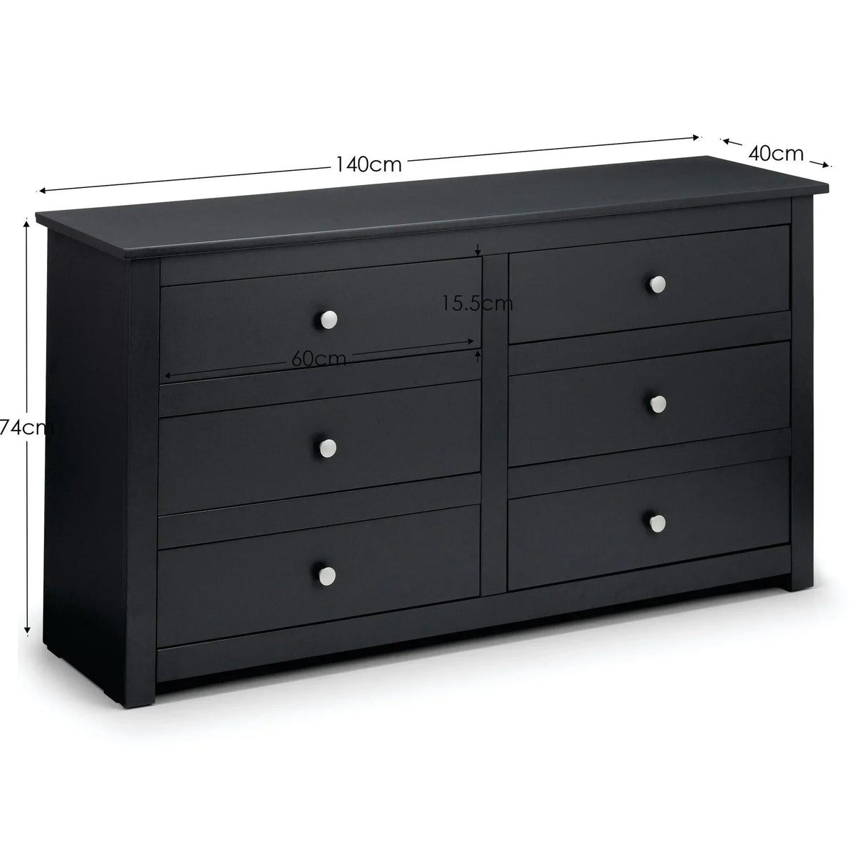 Black 6 drawer chest with metal knobs, shown with measurements for width, height, and depth
