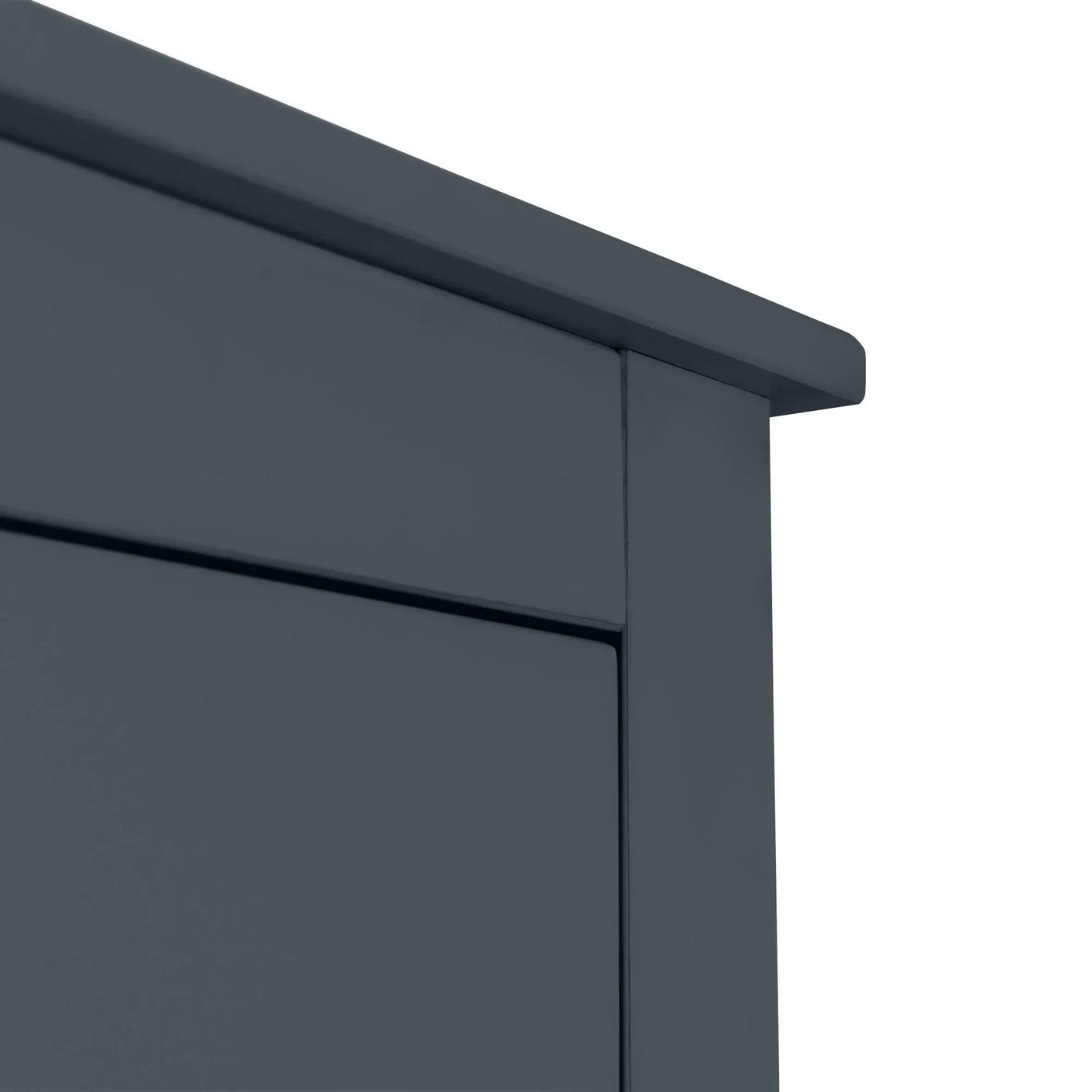 Close-up of dark grey cabinet corner showing smooth wood finish and panel detail