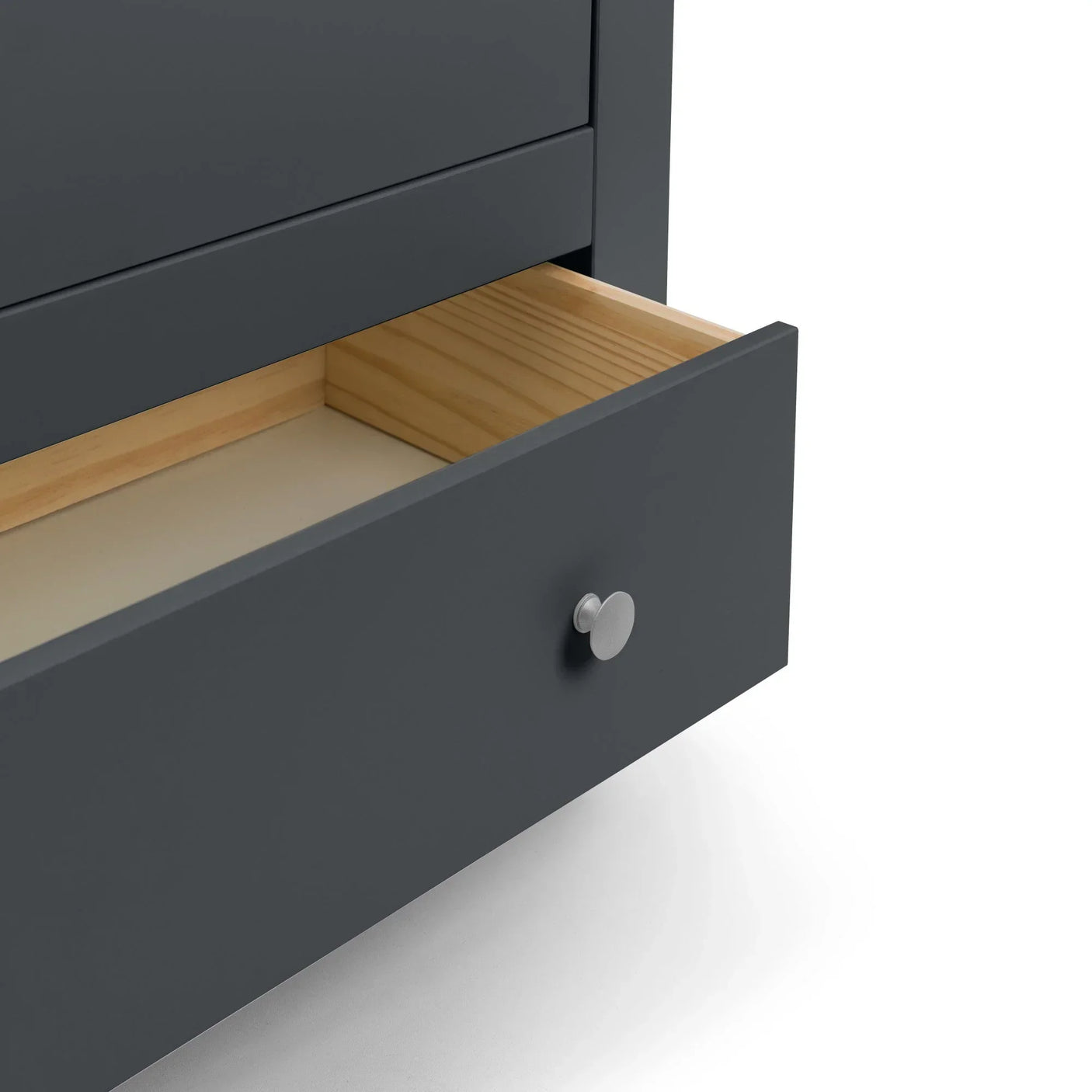 Open grey chest of drawers with silver knob and light wood interior