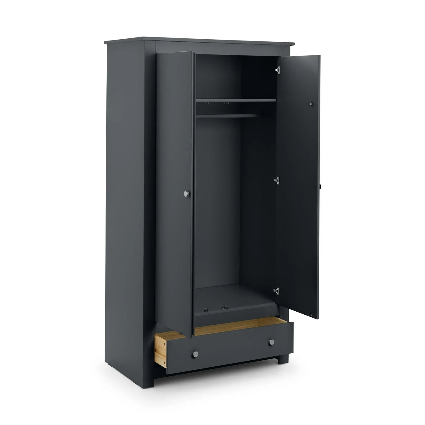 Dark grey wardrobe with open double doors, hanging rail and bottom drawer exposed