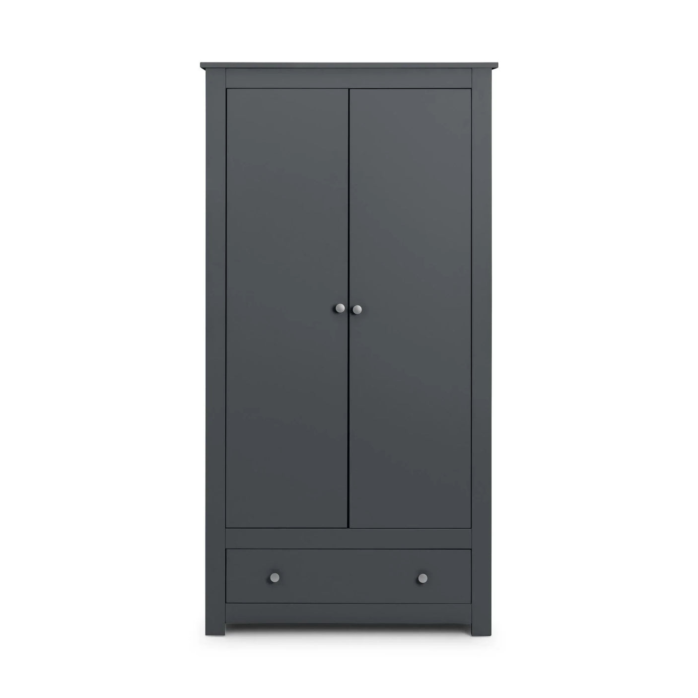 Charcoal grey wardrobe with two doors and single lower drawer, front view