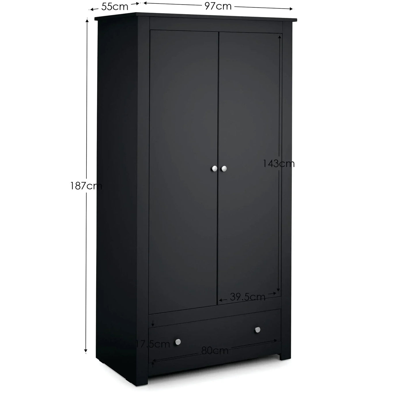 Black wardrobe with two doors, silver handles, lower drawer and dimensions labeled in centimeters