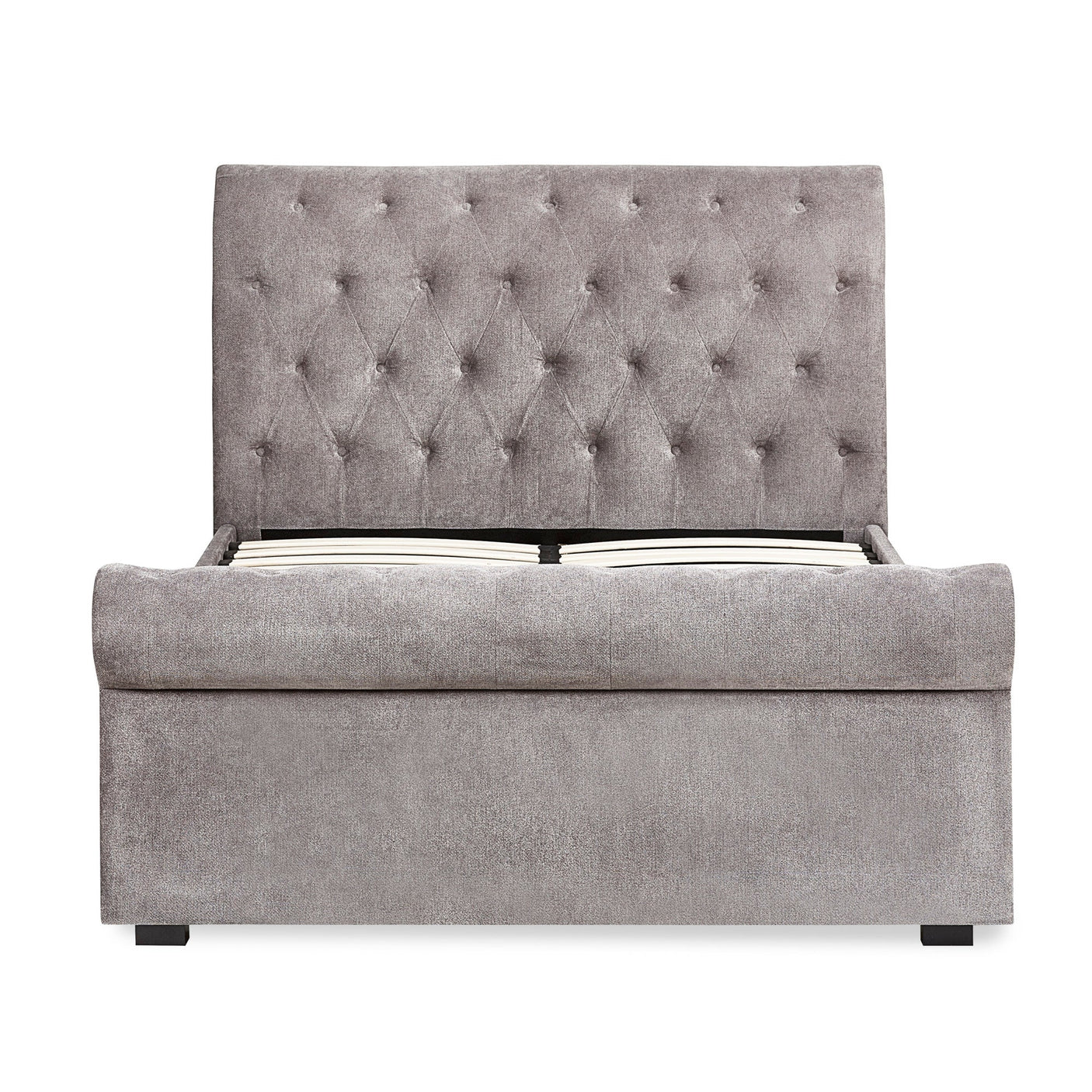 Grey fabric double bed headboard and footboard with black legs, side view showing no bedding or drawers.