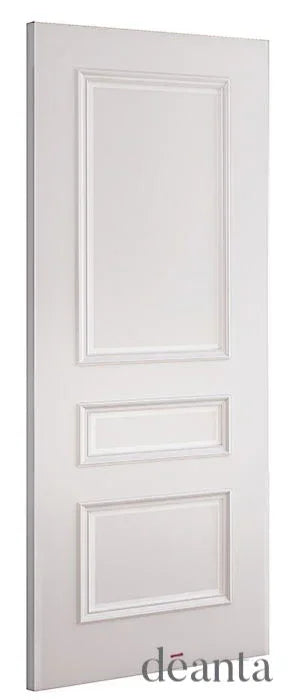 White internal door with three rectangular panels and classic moulded detailing, side angle view