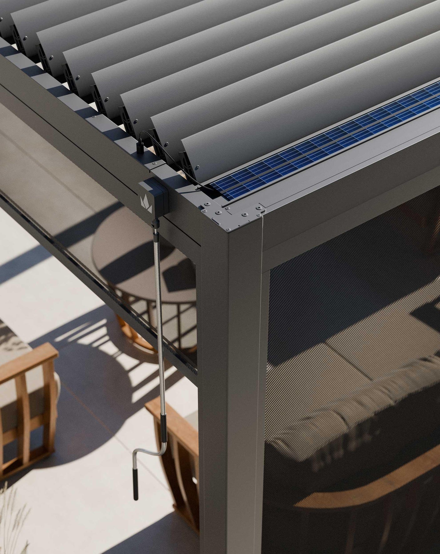 Grey aluminium pergola closeup showing louvre roof, solar panel and manual crank handle